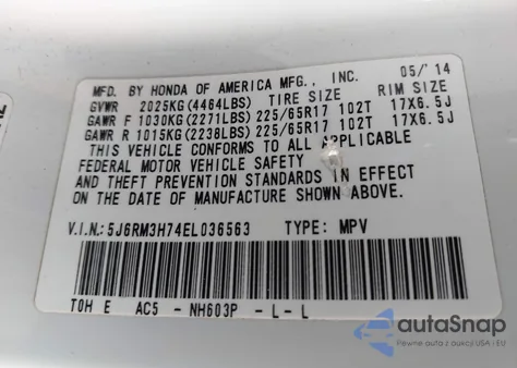 2014 Honda Cr-V Ex-L z USA, uszkodzony, nr VIN 5J6RM3H74EL036563